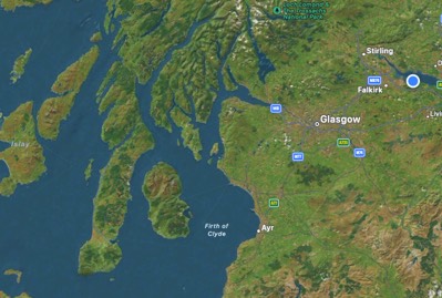 Satellite image of Arran with crosshairs over the island